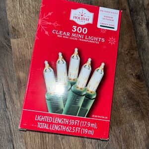 Holiday Time Clear Mini String Lights with Green Wire on Red Packaging